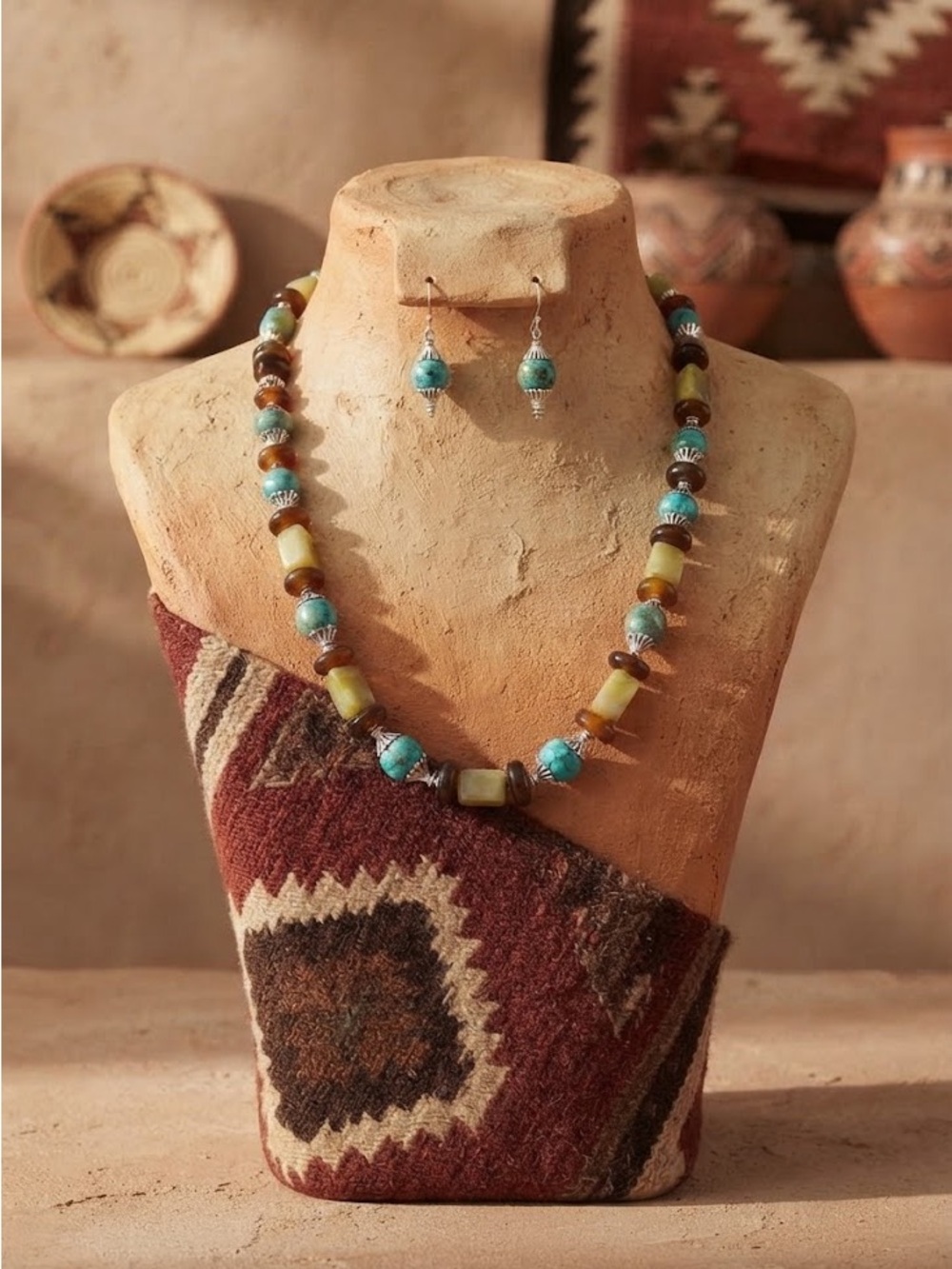 Artisan Howlite & Horn Beaded Silver Tone Necklace with Matching Earrings 🧁